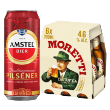 Amstel pilsener, Amstel blond
of Birra Moretti
tray van 6 flesjes/blikken a 30/33 cl,
tray van 24 blikken a 50 cl,
blik a 50 cl 